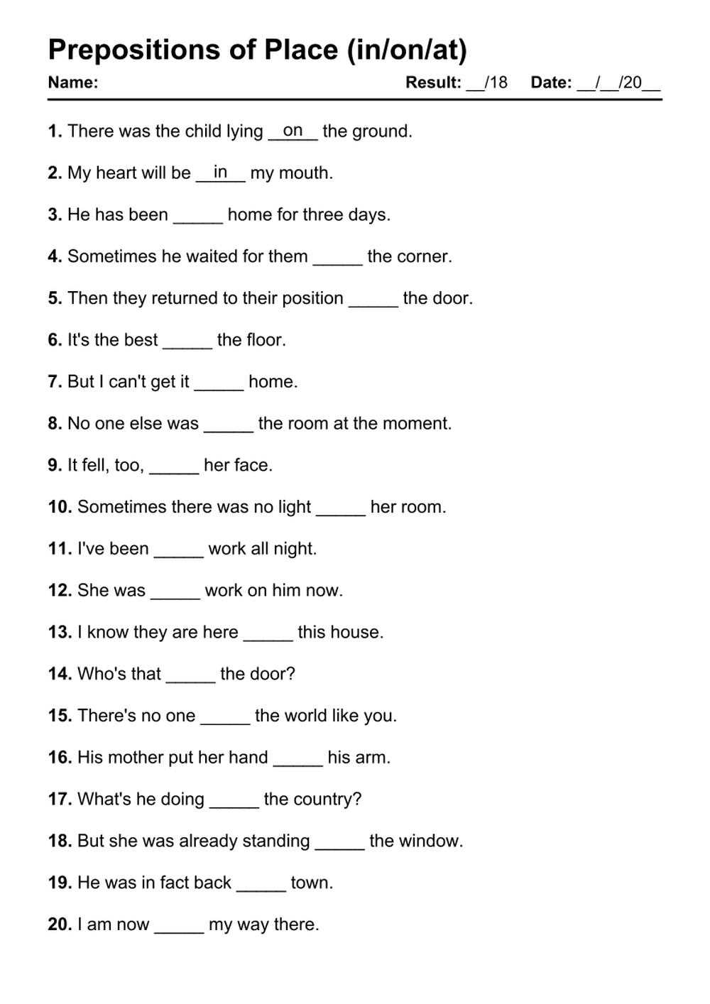 esl preposition worksheets free