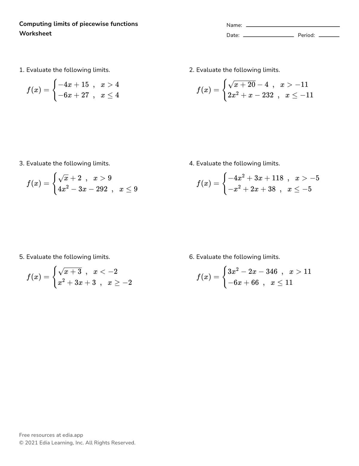 limits algebraically worksheet