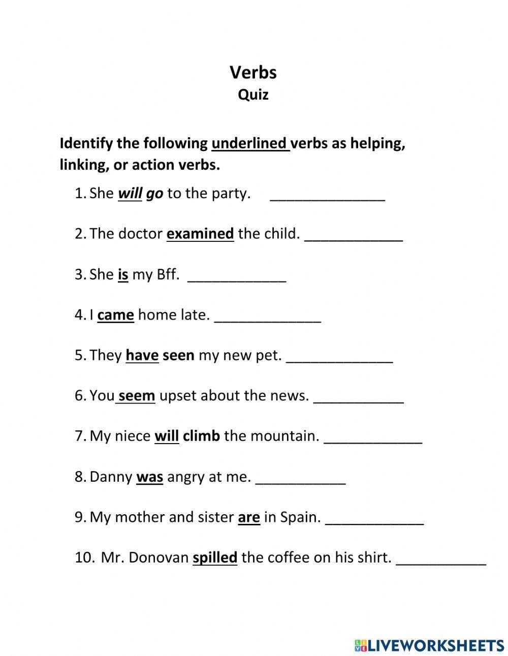 linking verb helping verb action verb worksheet