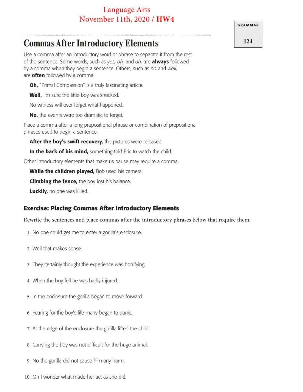commas with introductory phrases worksheet commas with introductory phrases worksheet