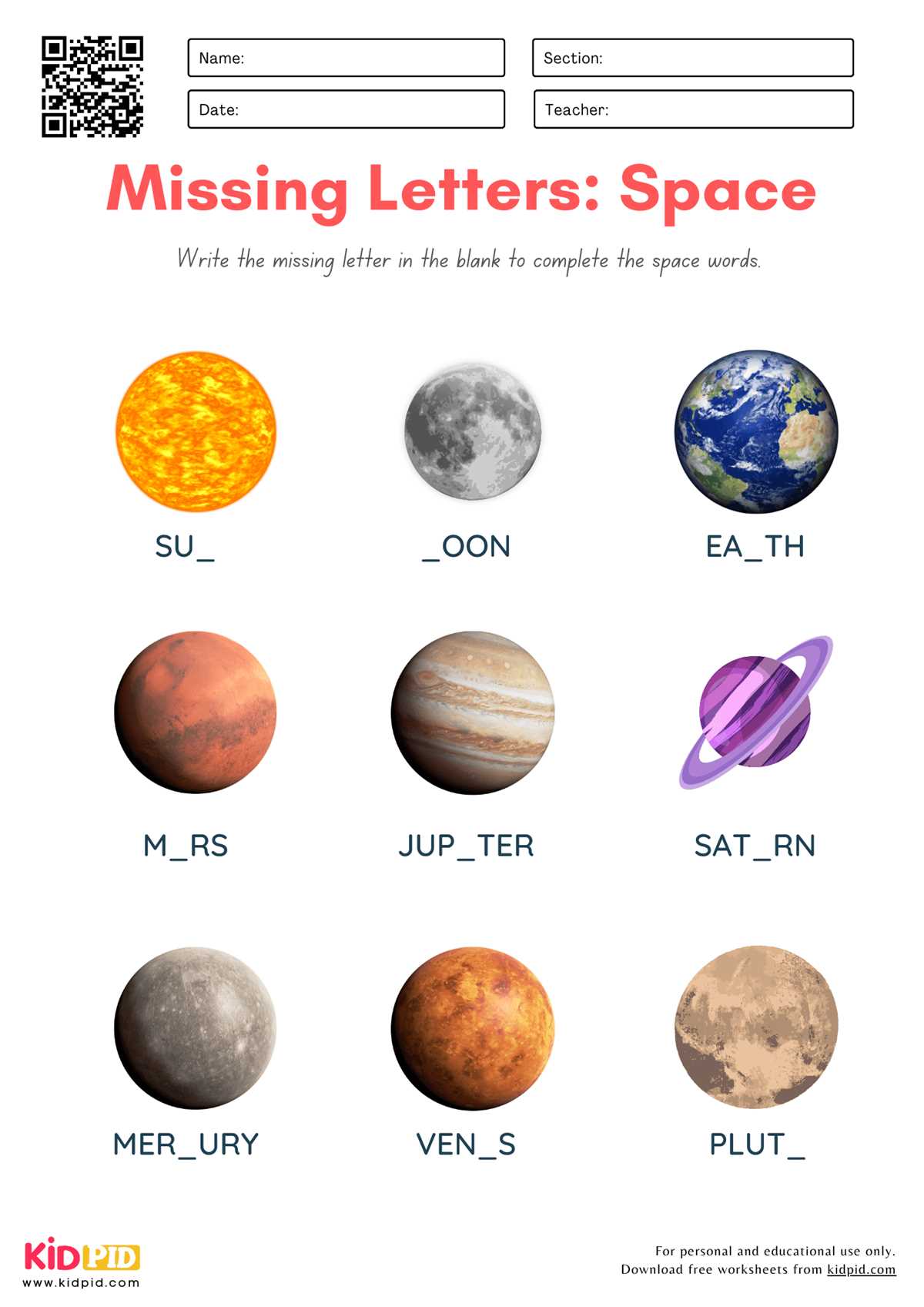 esl space worksheets