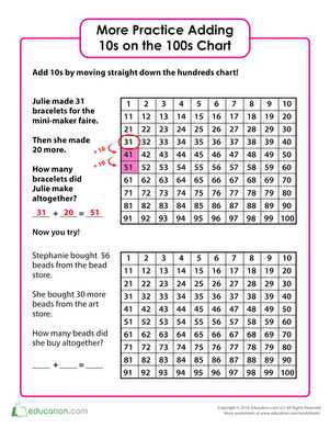 adding tens on a hundred chart worksheet