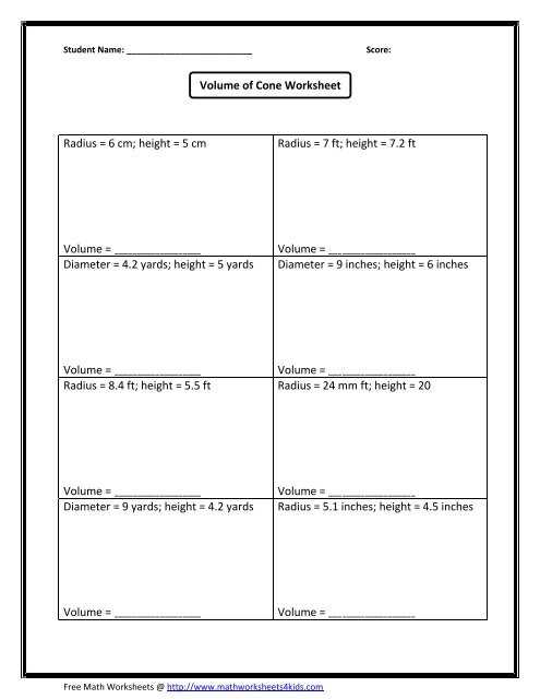 volume of cone worksheet