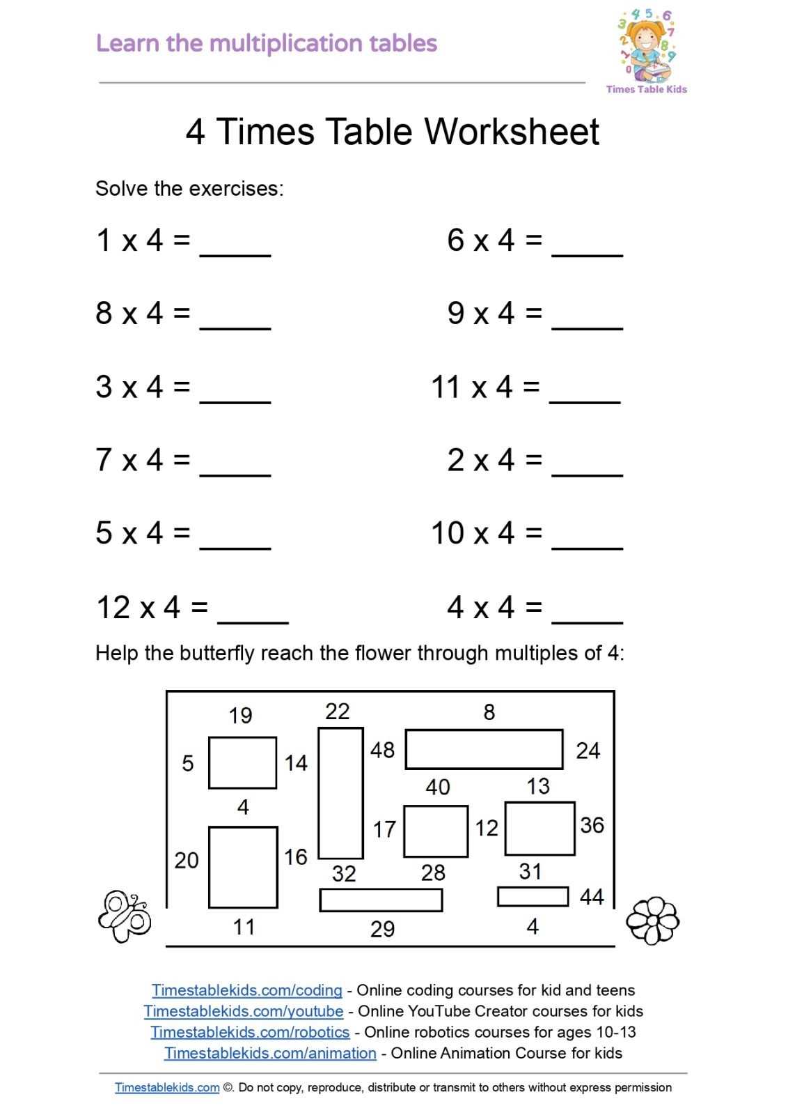 four times table worksheet