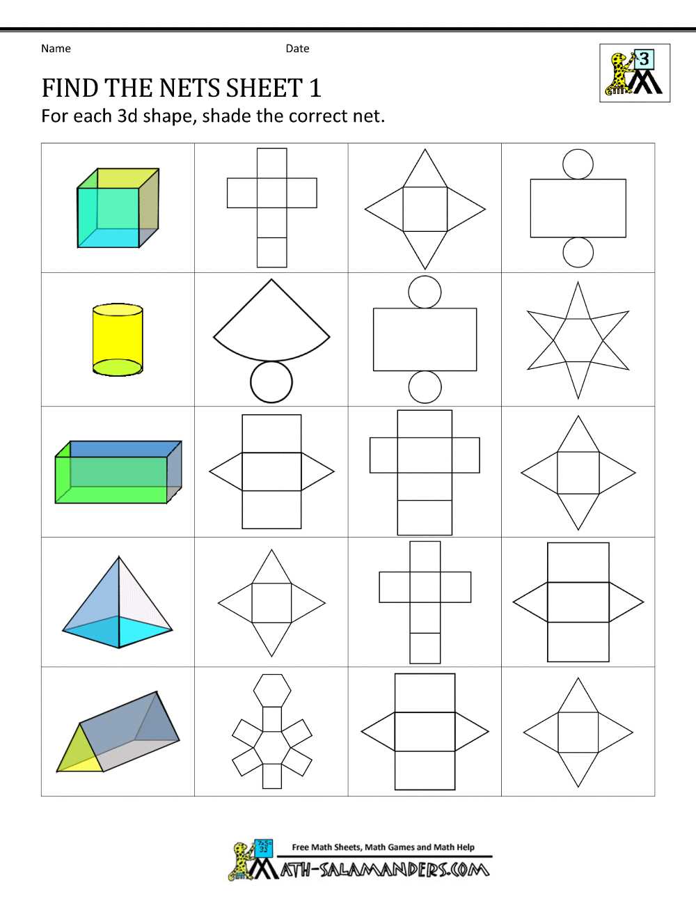 3d shapes and their nets worksheet