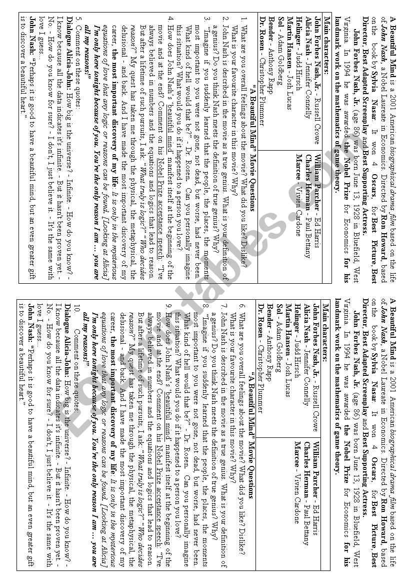 beautiful mind worksheet