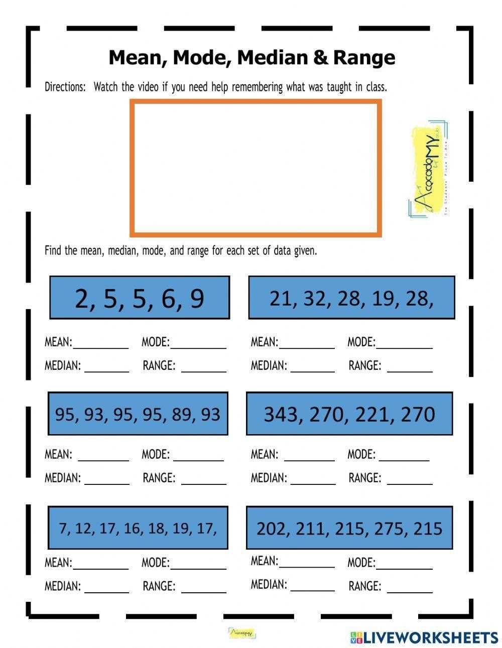 mode range median worksheets