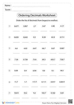 ordering decimals least to greatest worksheet