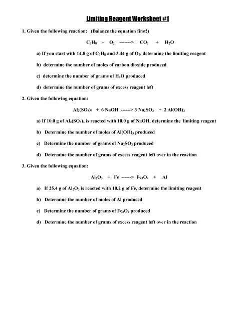 limiting reagents worksheet