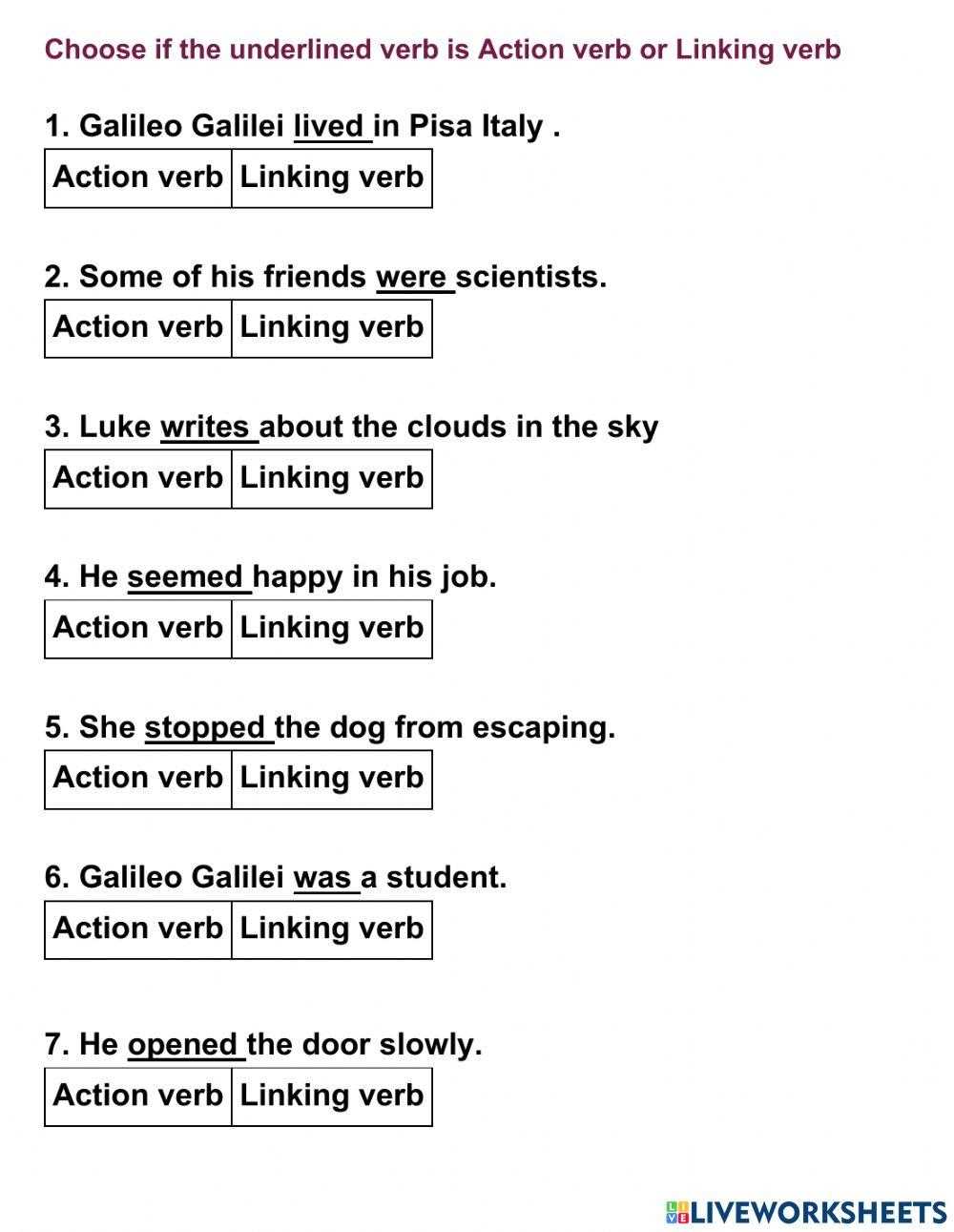 linking verb helping verb action verb worksheet
