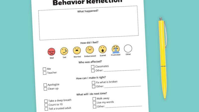 behavior reflection worksheet
