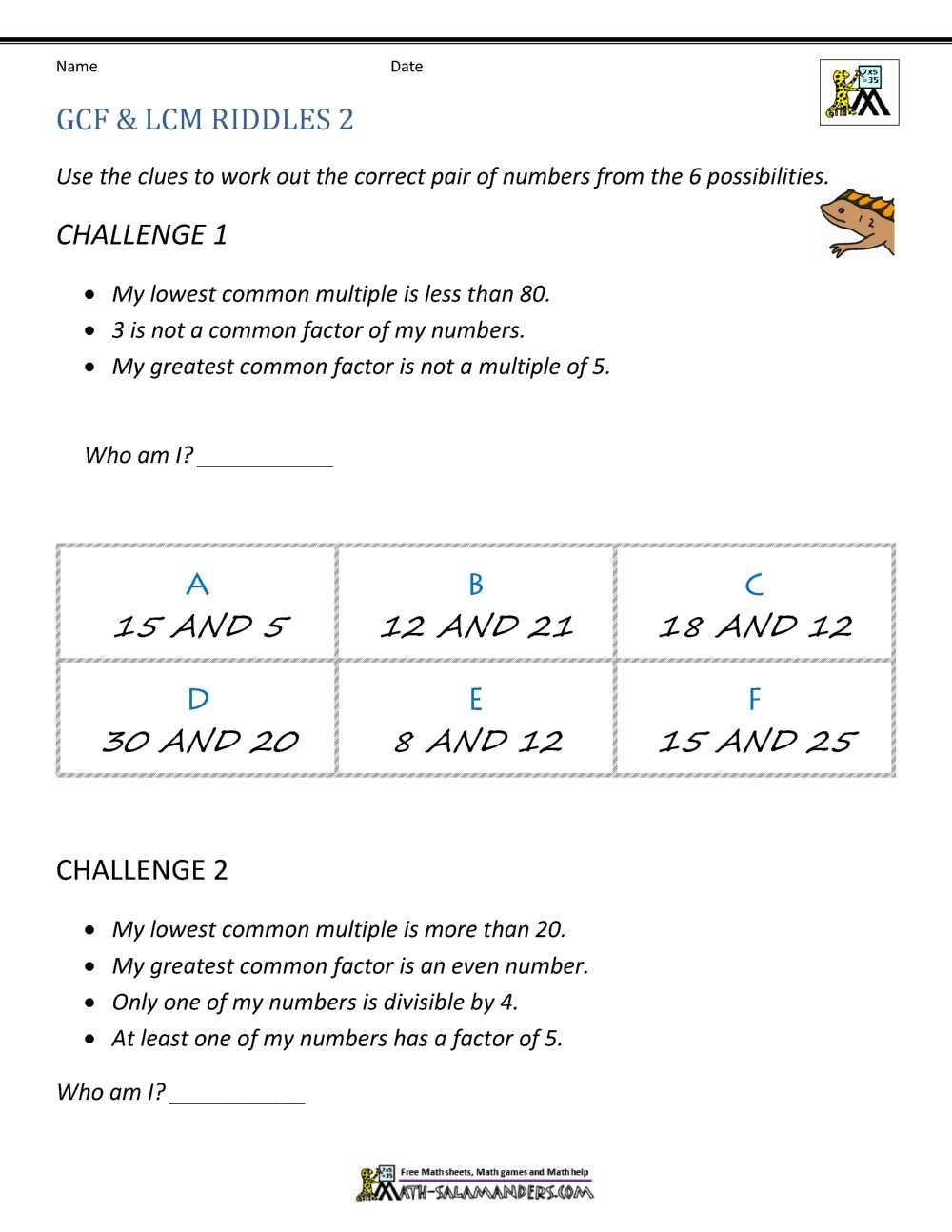 worksheet on gcf and lcm