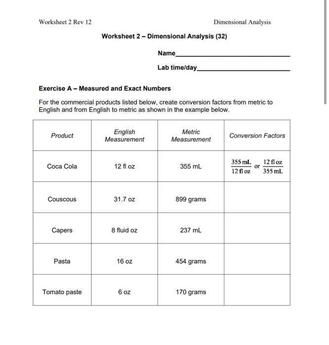 dimensional analysis and conversion of units worksheet