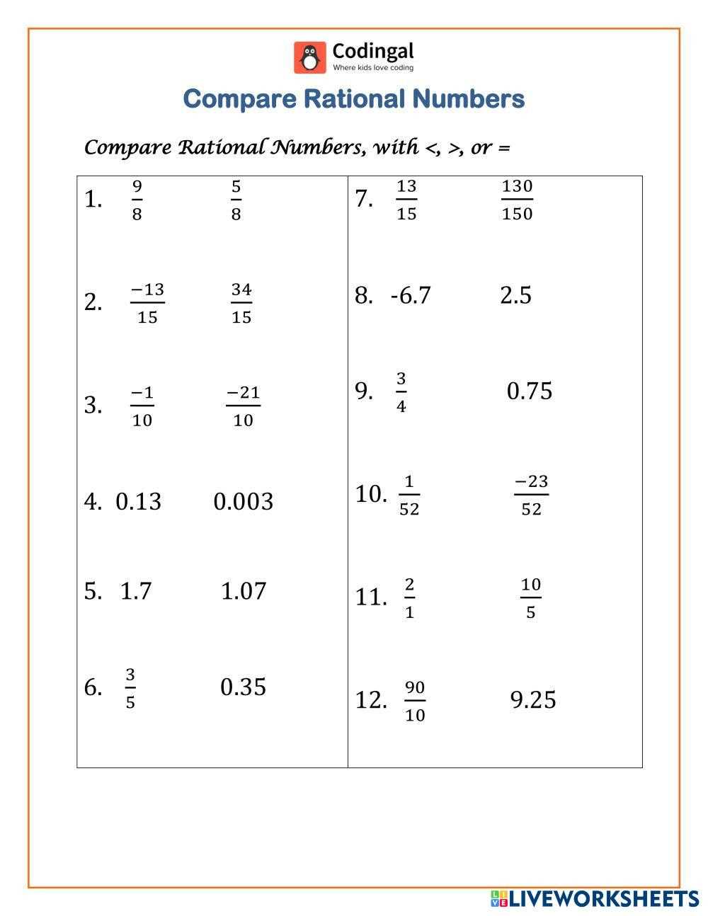 compare and order rational numbers worksheet