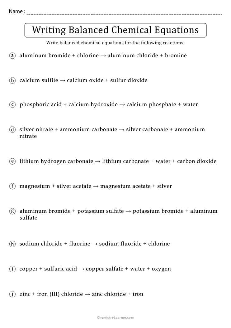 balancing chemical equations middle school worksheet