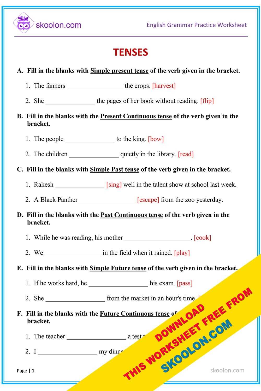 verb tense worksheets 5th grade