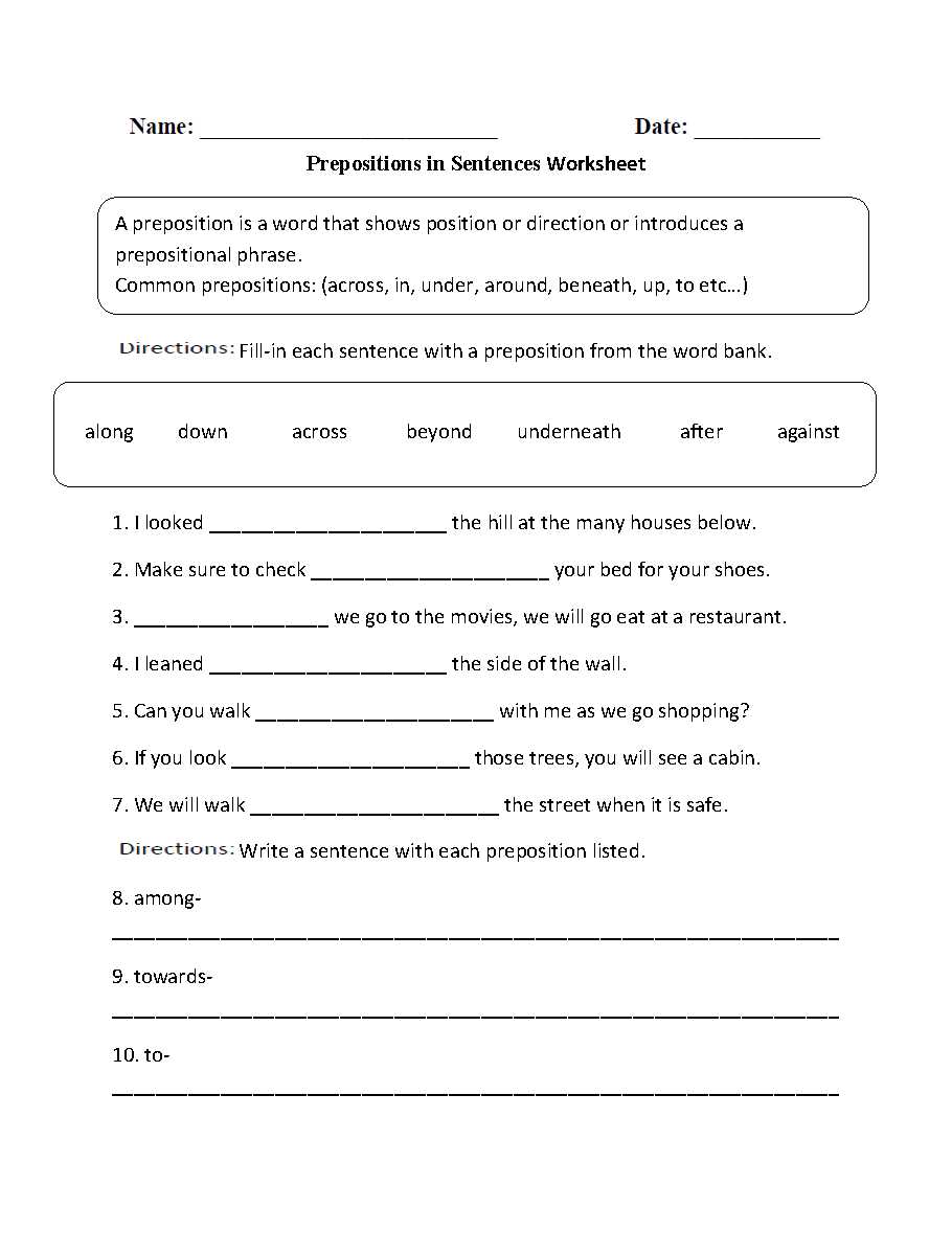 worksheet for prepositional phrases