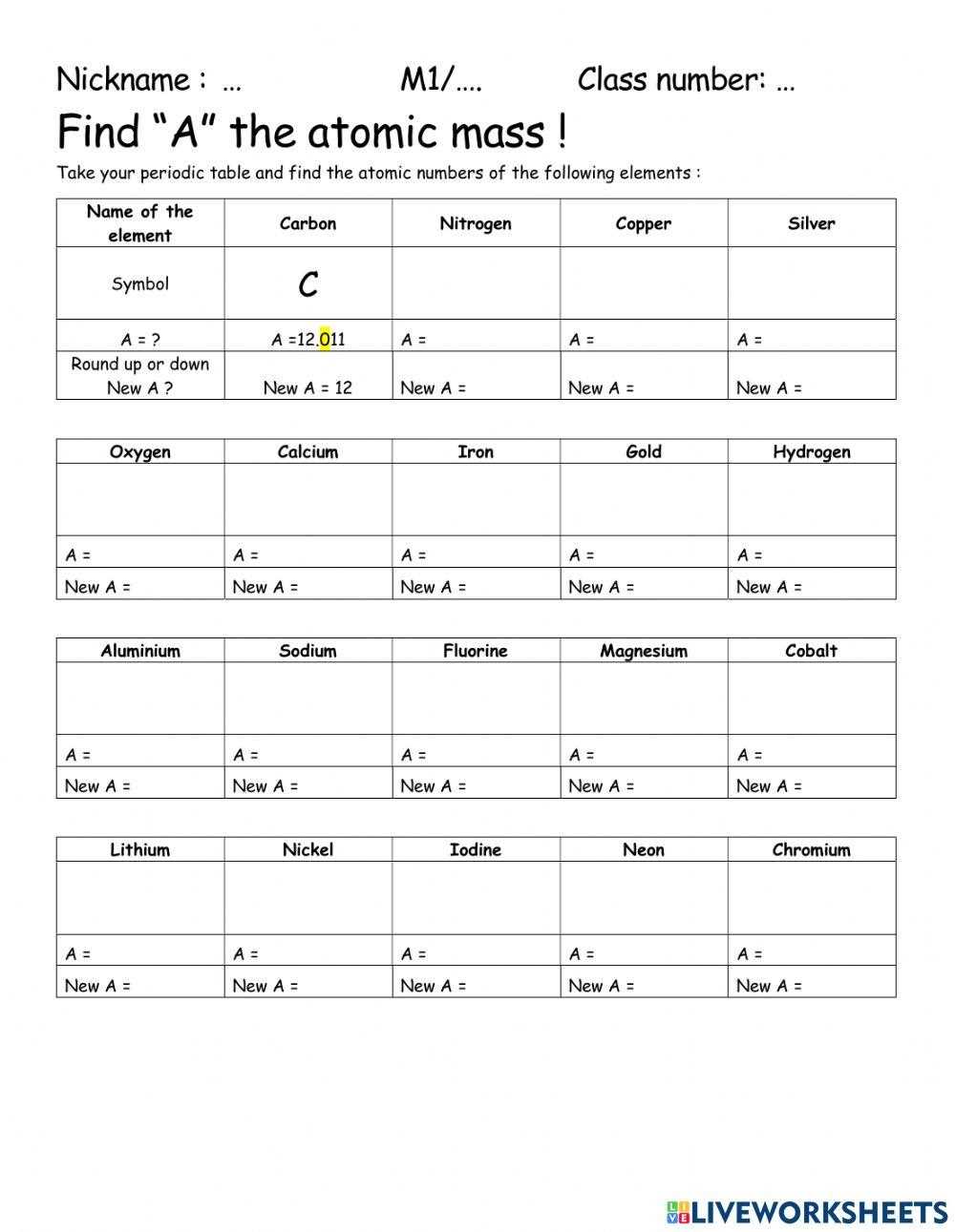 atomic number and atomic mass worksheet