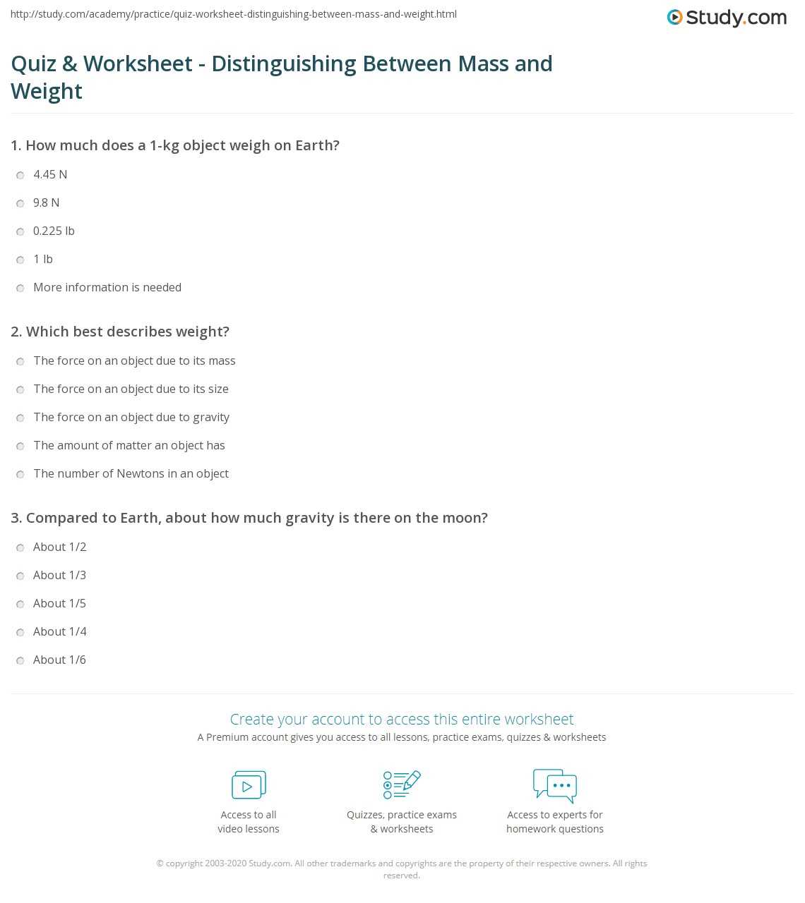 mass vs weight worksheet