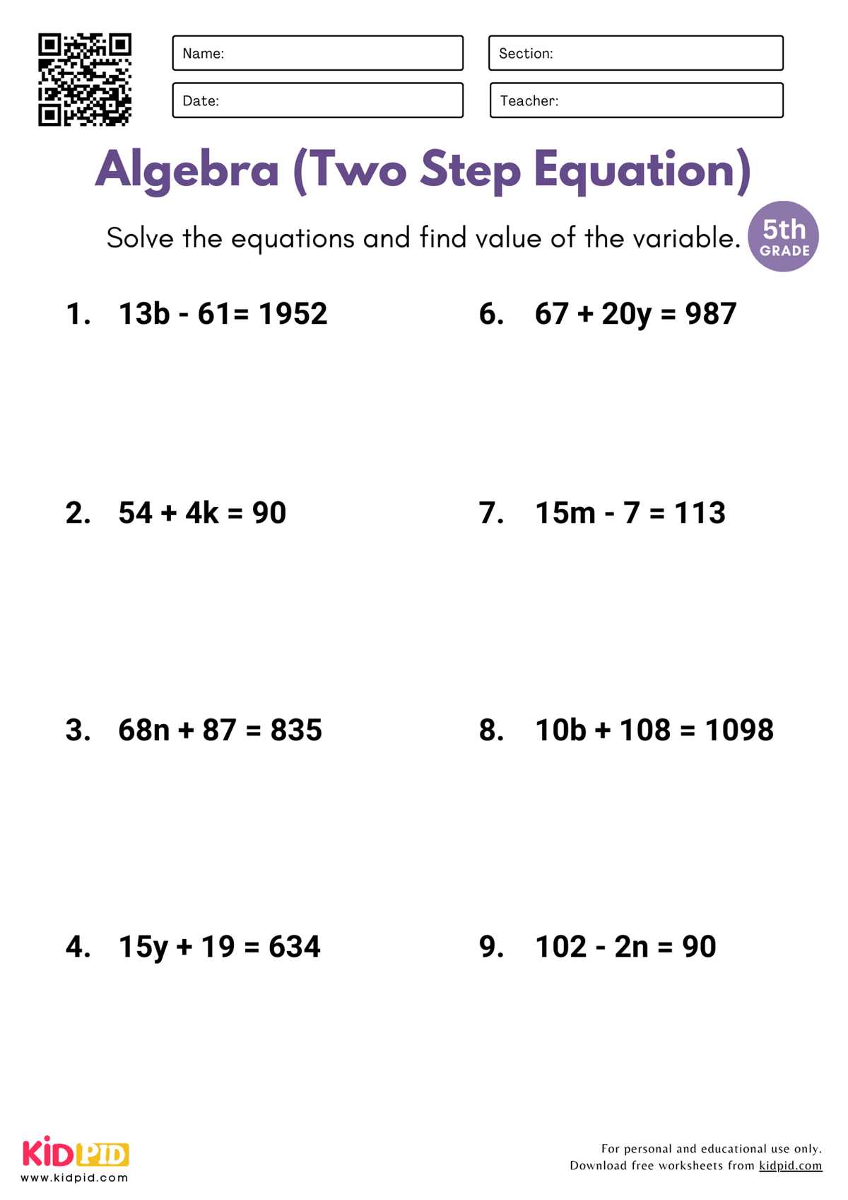 math equations worksheet