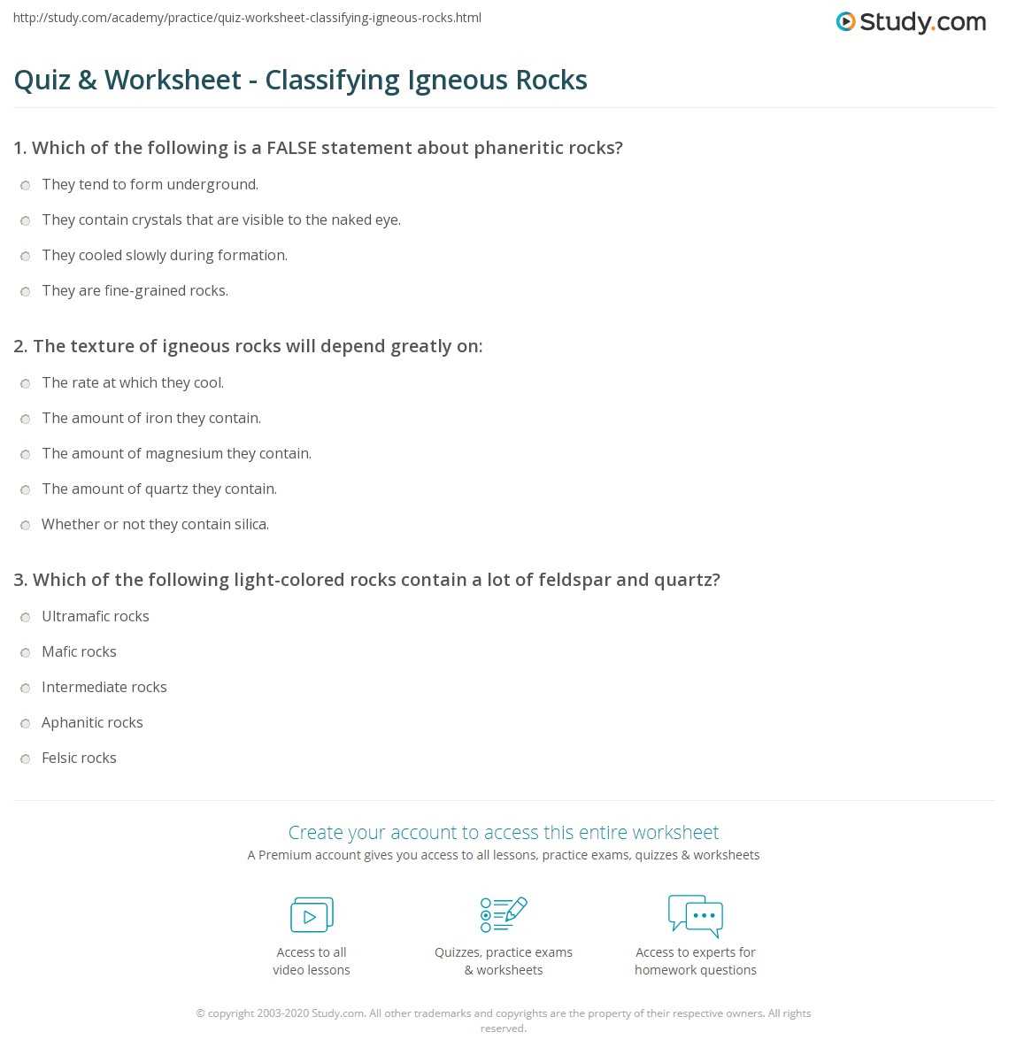 classification of igneous rocks worksheet