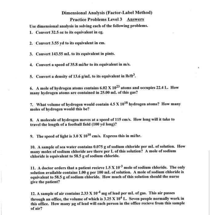 dimensional analysis worksheets