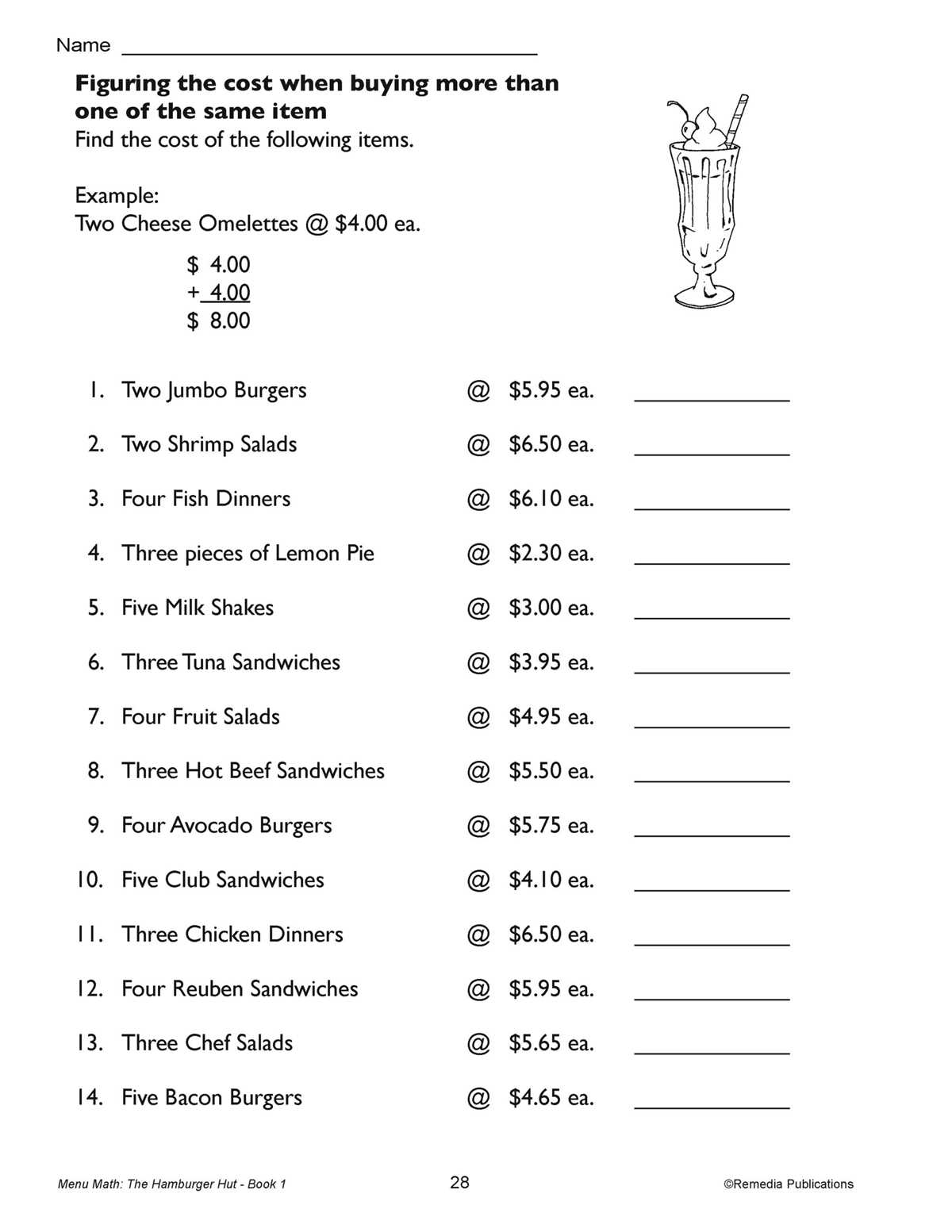 menu math worksheets