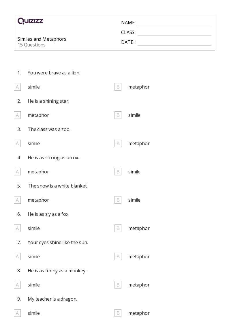 metaphors worksheet