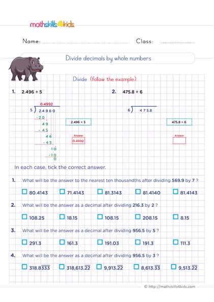 6th grade decimal division worksheets