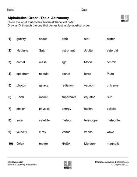 worksheet on alphabetical order