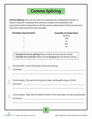comma splices worksheet 2 16 exercises