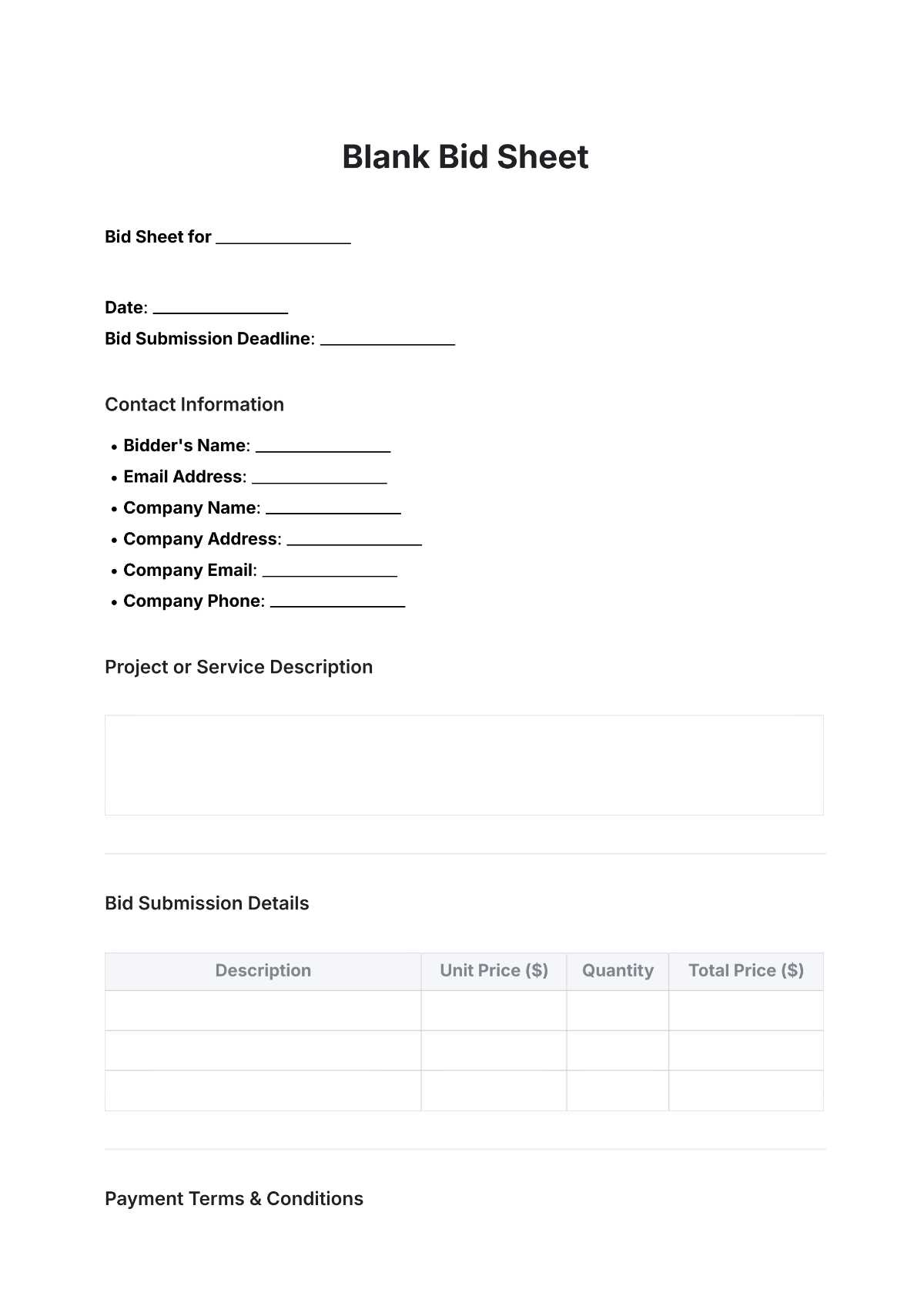 bid worksheet template