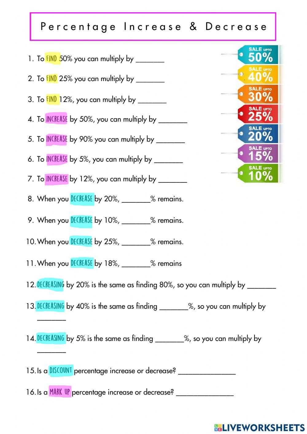 percent increase or decrease worksheet