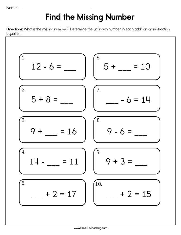 missing number worksheet