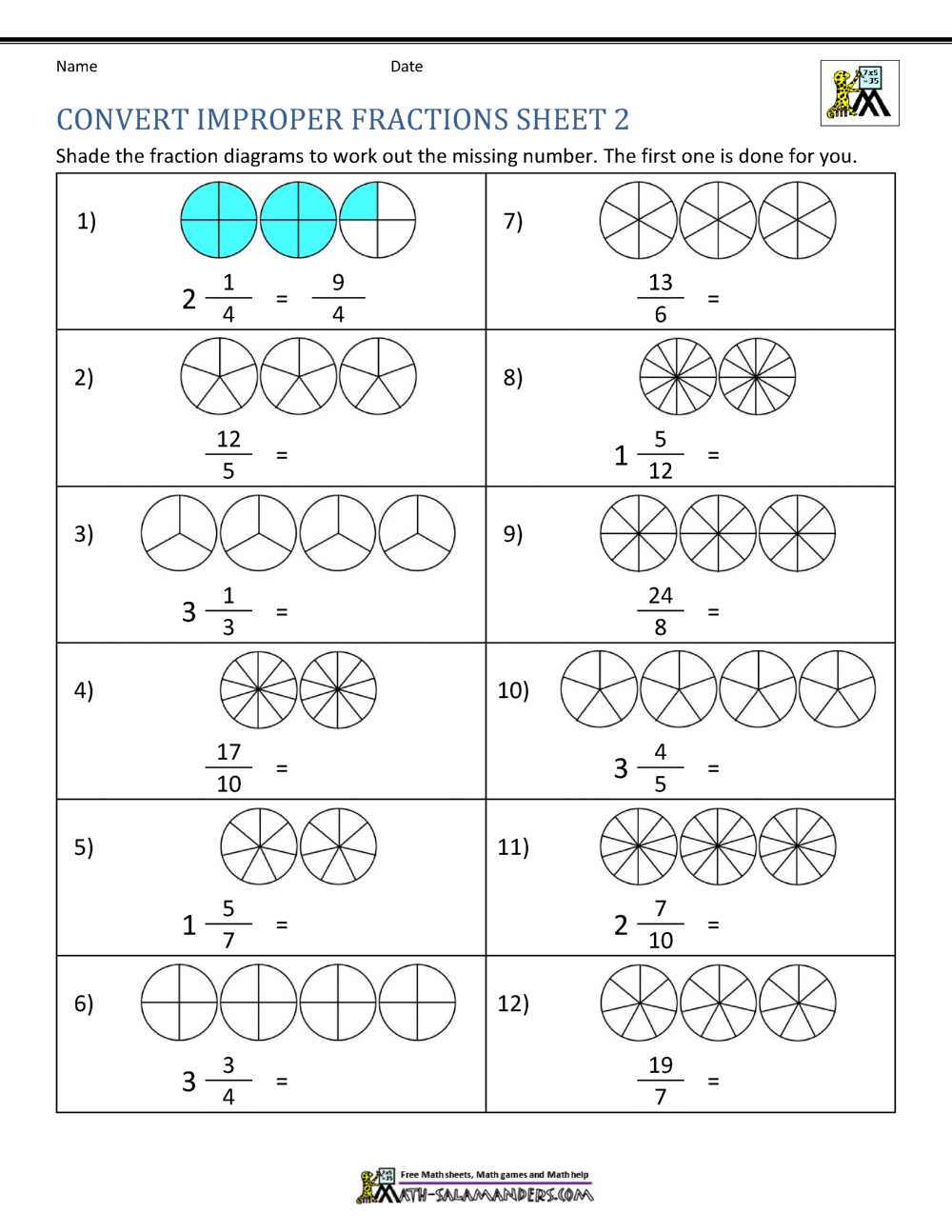 mixed fraction worksheets