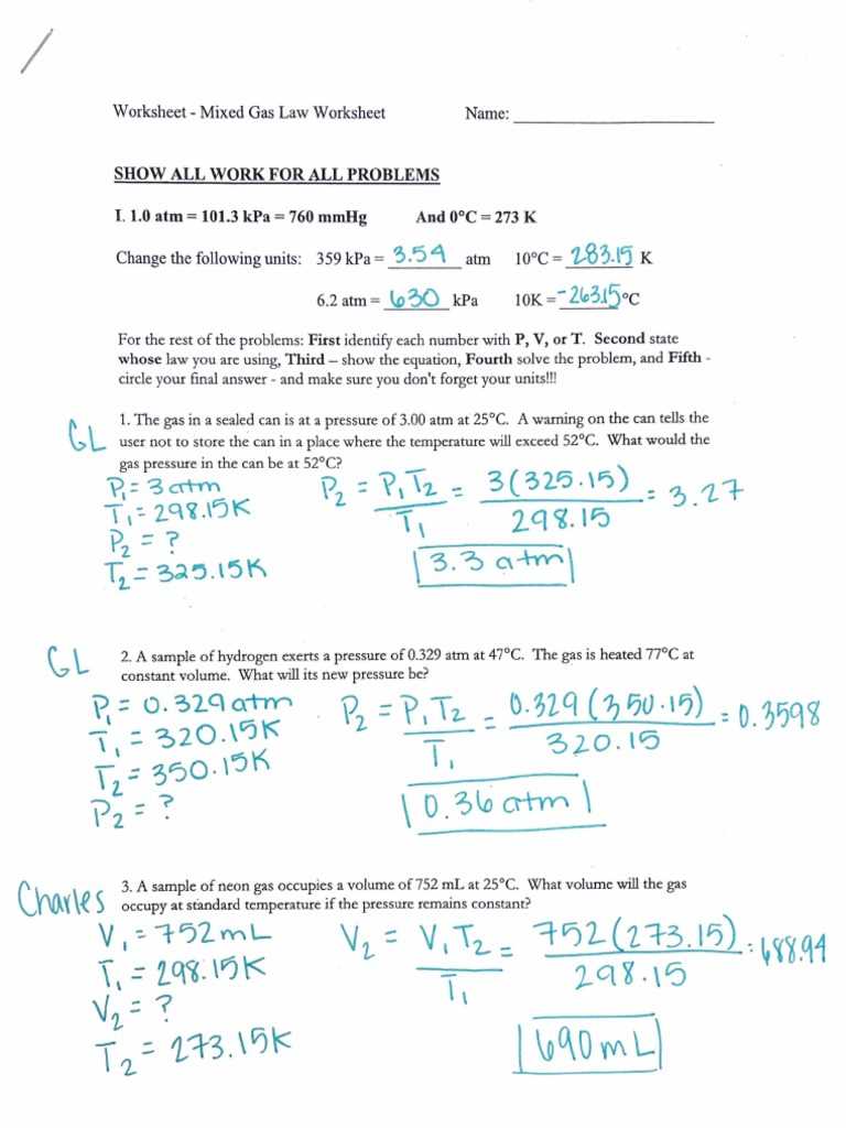 mixed gas laws worksheet
