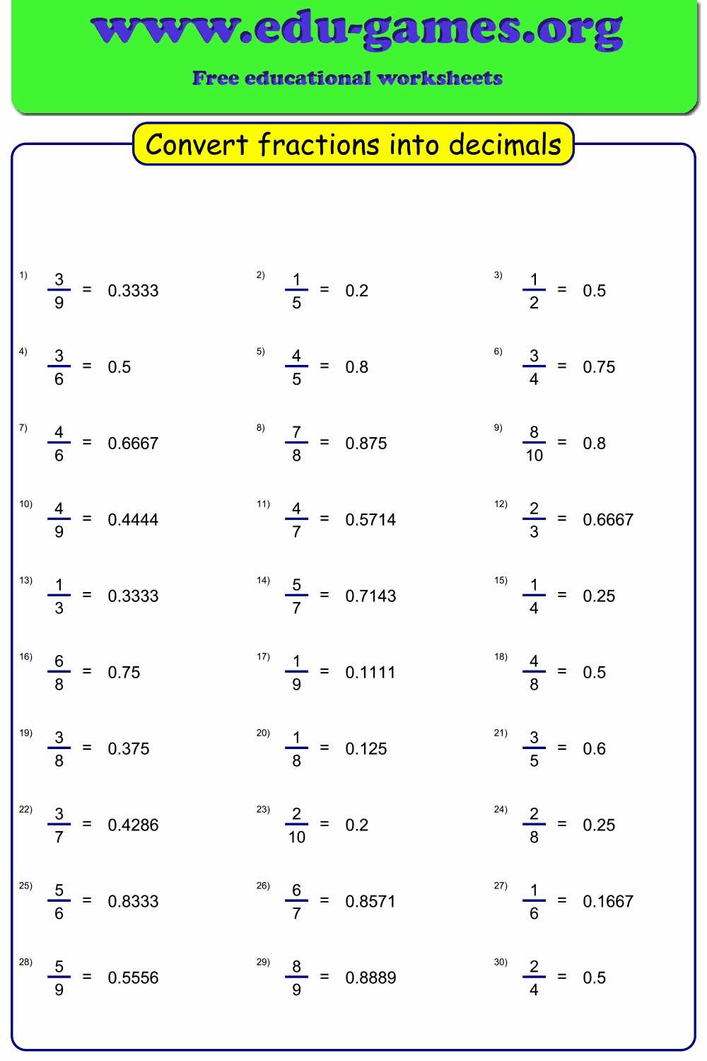 convert fractions to decimals worksheet