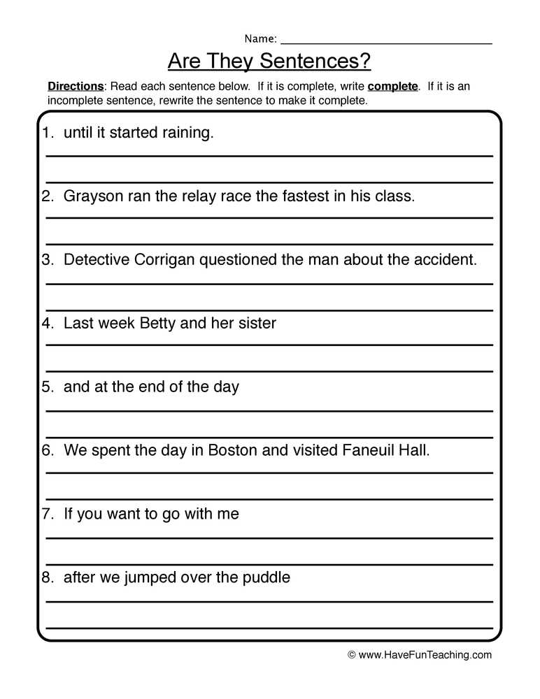 complete sentence worksheets