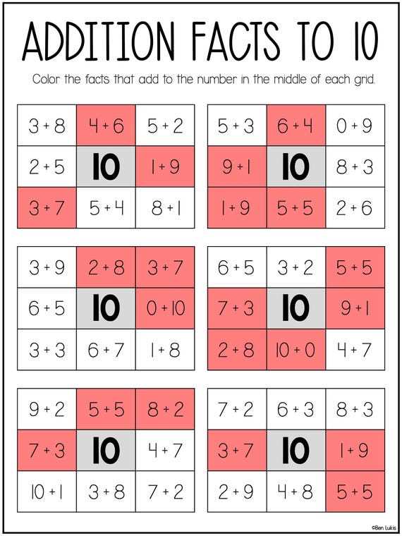 addition facts to 10 worksheet