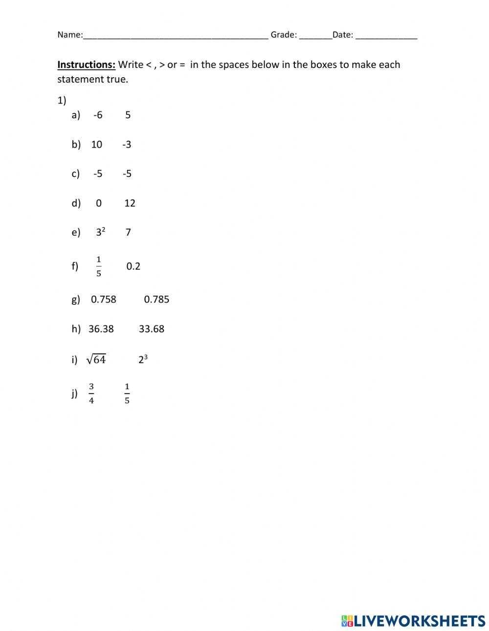 compare and order real numbers worksheet