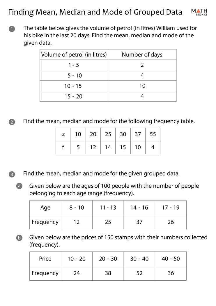 mode range median worksheets