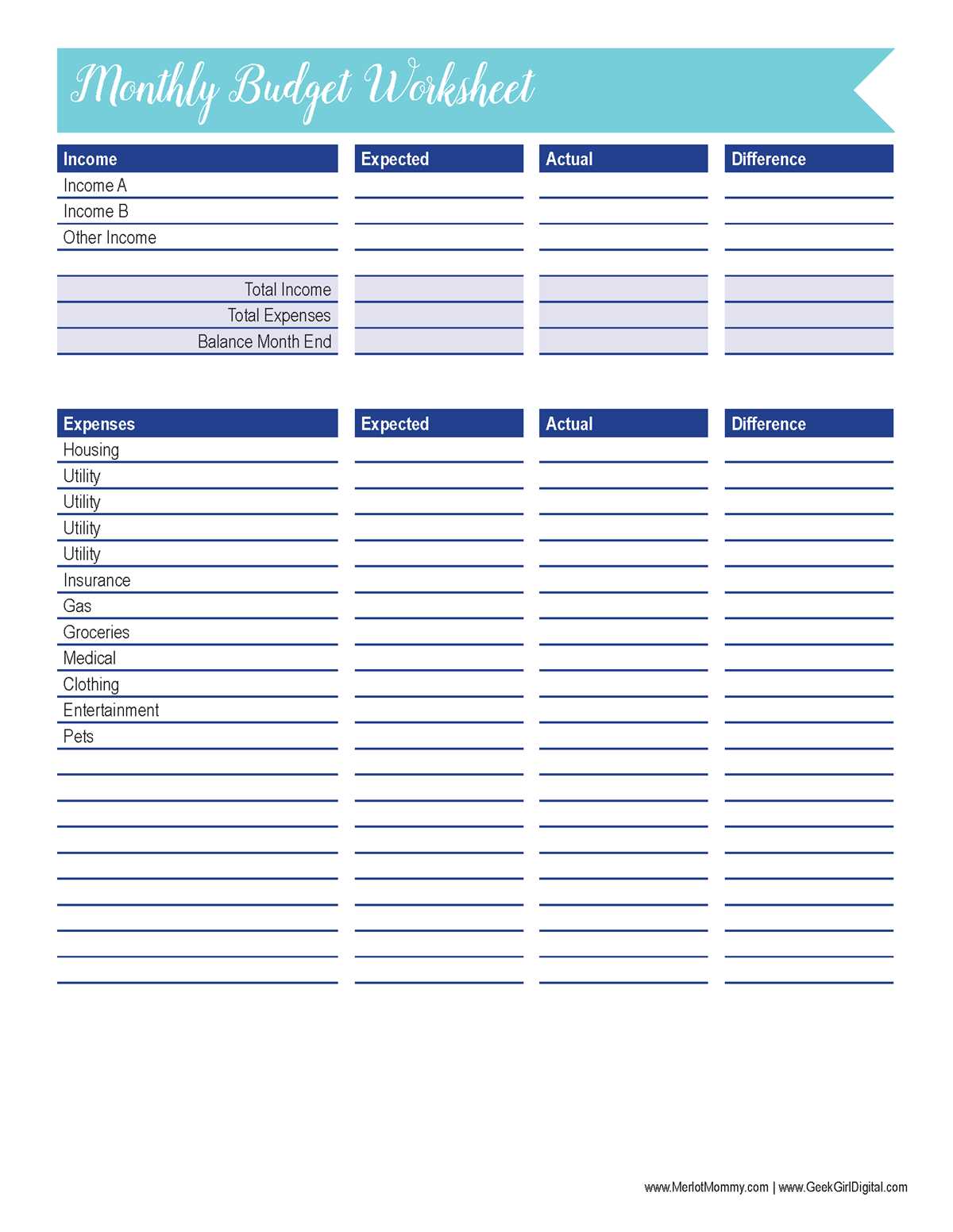 monthly budget worksheet
