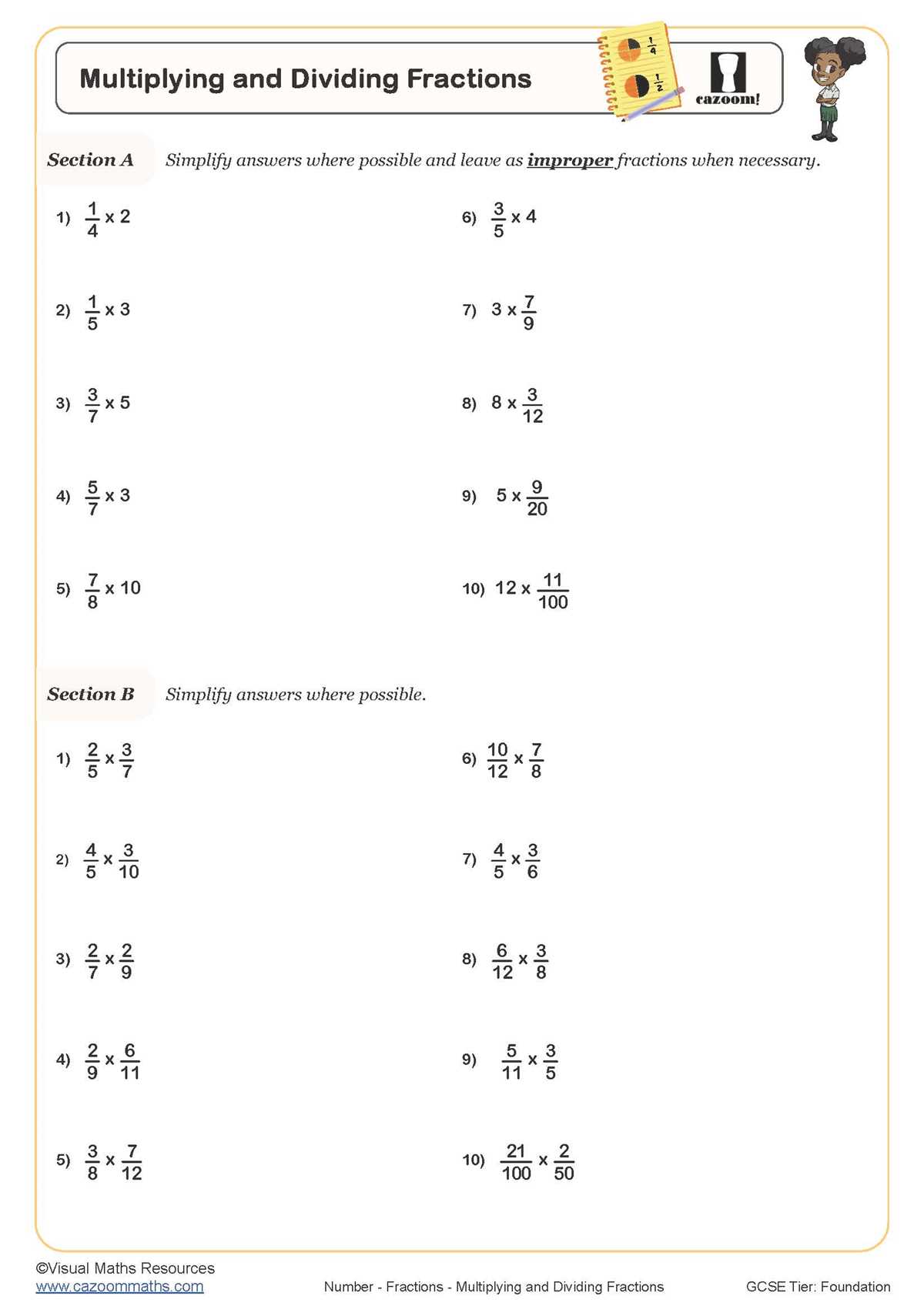 multiplying fractions with cross cancelling worksheet