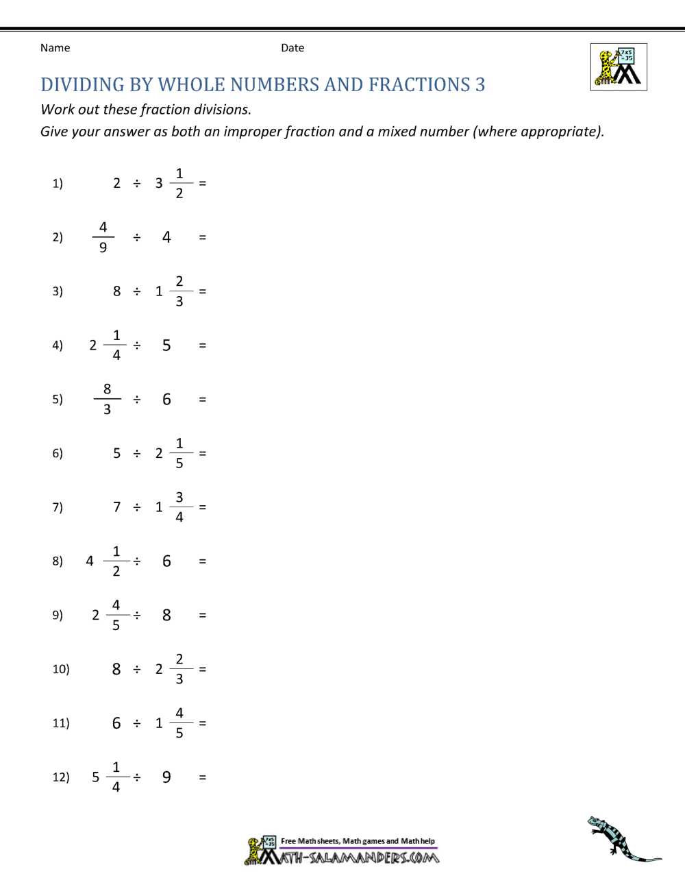 dividing fractions by a whole number worksheet