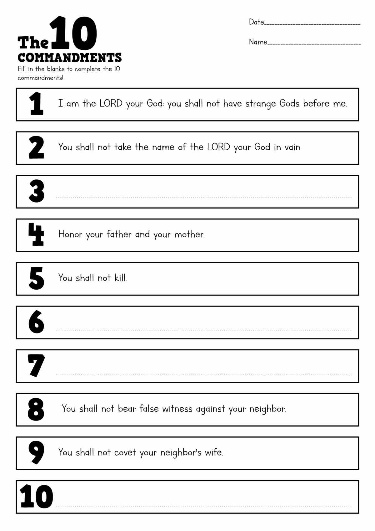 ten commandments worksheet