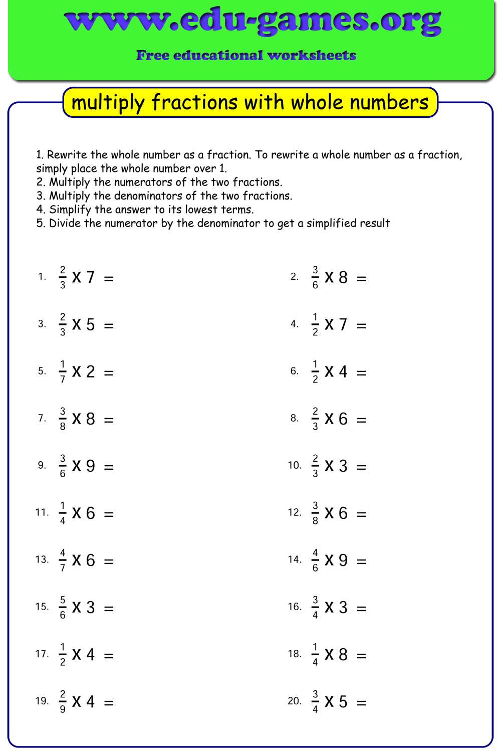 multiplication of fractions with whole numbers worksheets