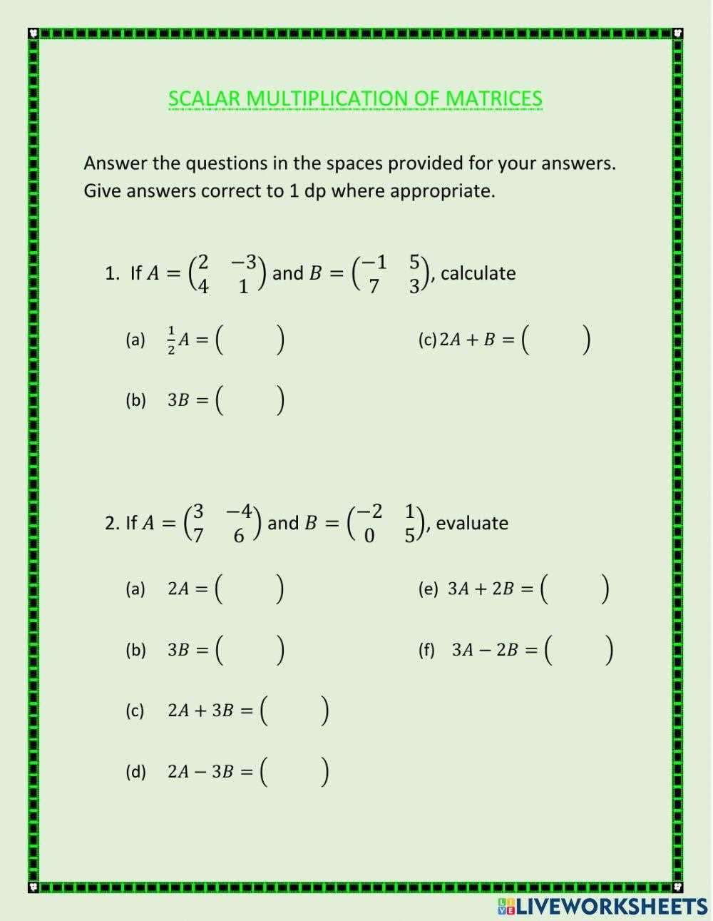 multiplication of matrices worksheet