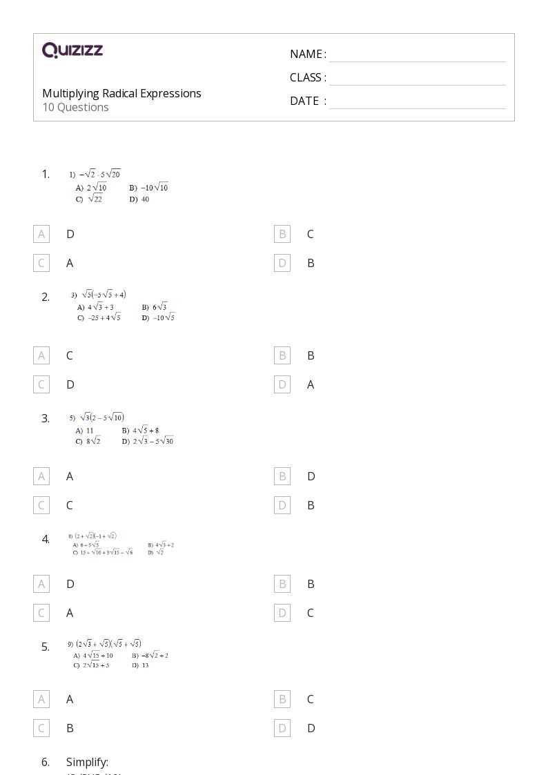 multiplication of radicals worksheet