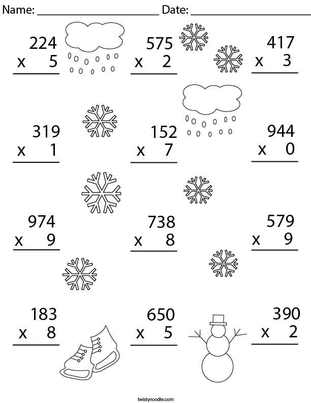 multiplying 3 digits by 1 digit worksheet