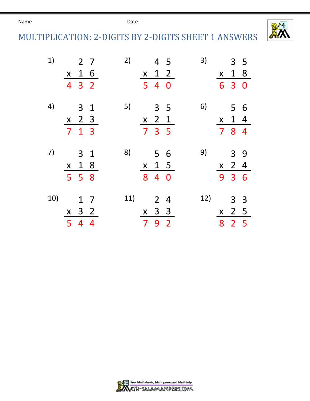 multiplying by two digit numbers worksheet
